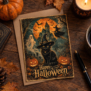 Carte Postale Maison hantée Halloween Chat noir Chauve-souris Lu