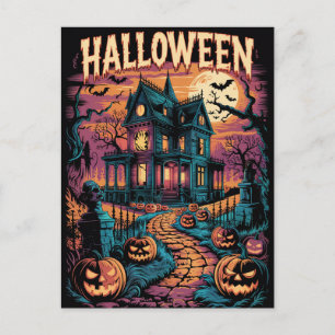 Carte Postale Maison Hantée Halloween Citrouilles Effrayantes   