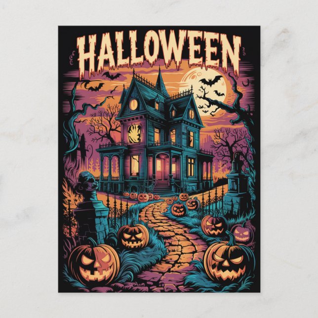 Carte Postale Maison Hantée Halloween Citrouilles Effrayantes    (Devant)