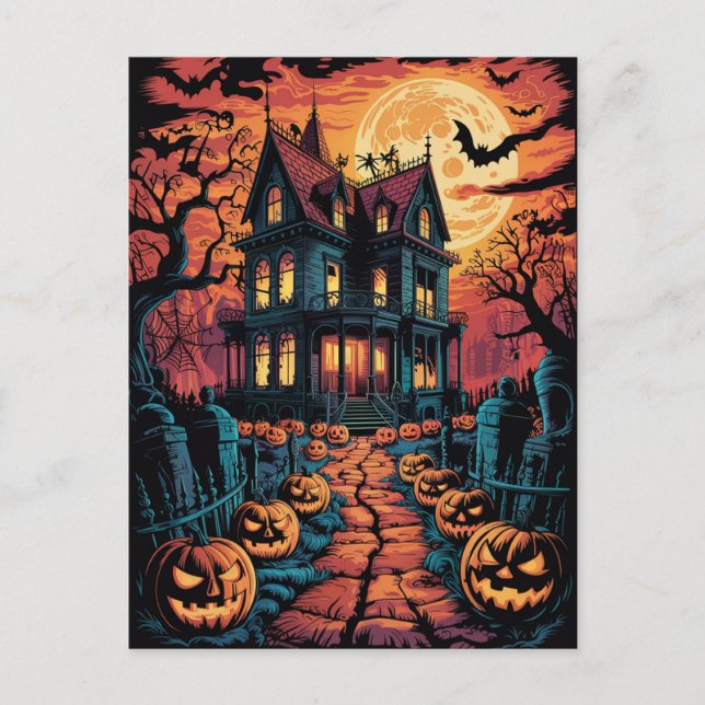 Carte Postale Maison Hantée Halloween Citrouilles Épouvantables  (Devant)