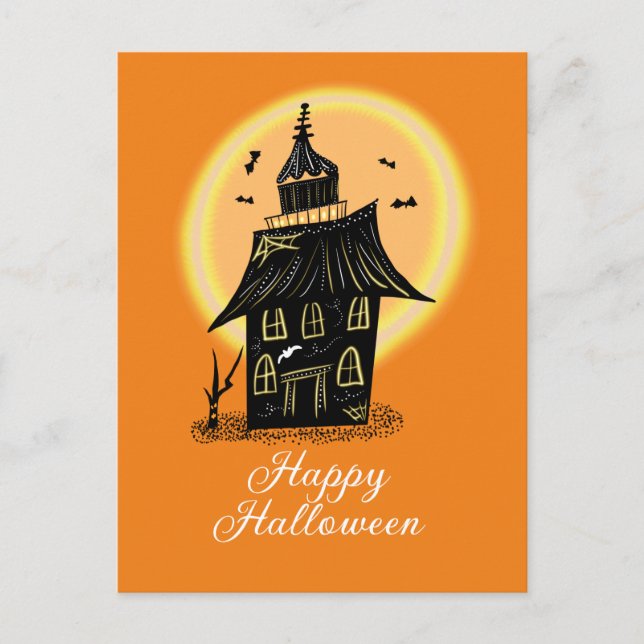 Carte Postale Maison hantée Halloween noire orange (Devant)