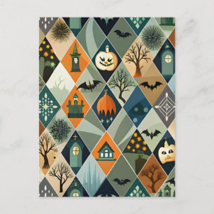 Carte Postale Maison hantée Halloween vintage motif diamant