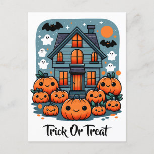 Carte Postale Maison hantée mignonne Citrouilles d'Halloween Fan