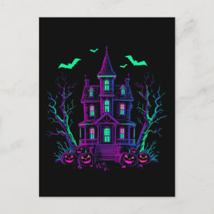 Carte Postale Maison Hantée Neon Glow Chauves-souris et Citrouil