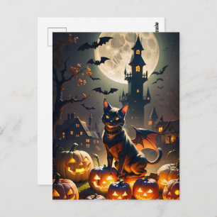Carte Postale Maison hantée, Pleine lune, Chat noir Halloween