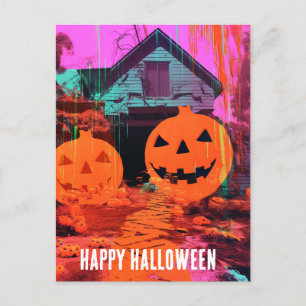 Carte Postale Maison hantée rétro néon Halloween