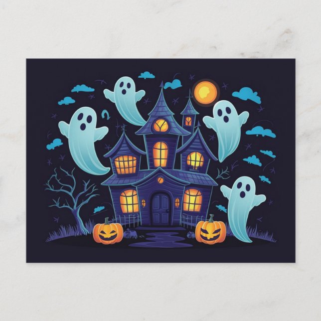 Carte Postale Maison hantée Spooky Blue avec fantômes flottants (Devant)