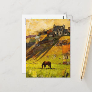 Carte Postale Maison sur la colline et cheval dans le pâturage