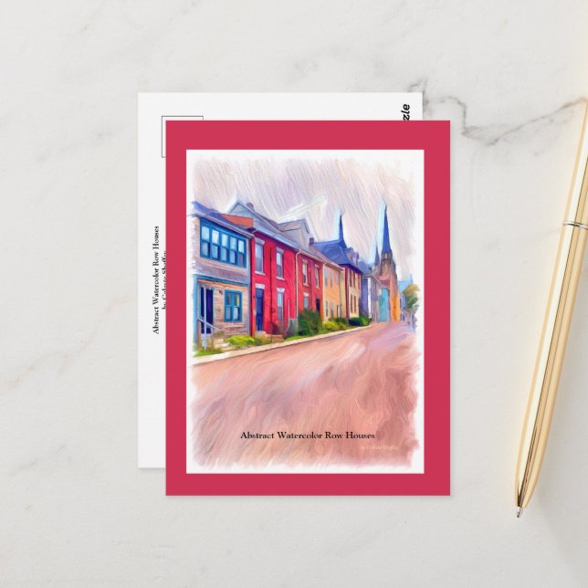 Carte Postale Maisons Abstraites de rangées d'aquarelle (Devant/Arrière en situation)
