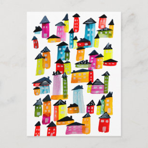 Carte Postale Maisons colorées mignonnes art aquarelle