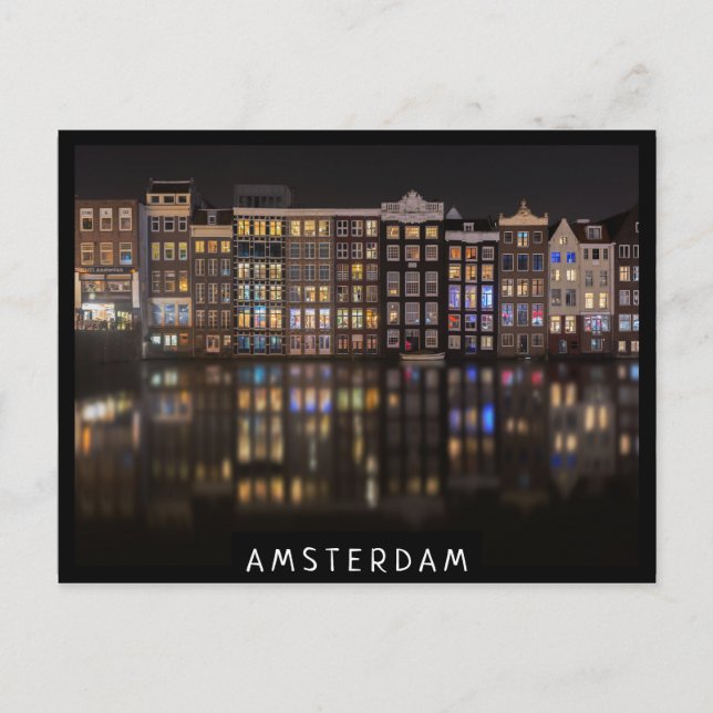Carte Postale Maisons d'Amsterdam avec lumières colorées dans la (Devant)