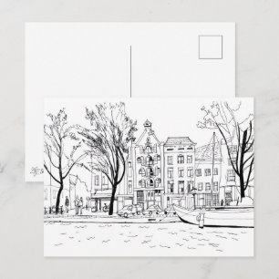 Carte Postale Maisons de canal d'Amsterdam Croquis Noir et Blanc