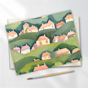 Carte Postale Maisons de coteau Peinture aérée aquarelle natur