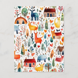 Carte Postale Maisons rouges et maisons mignonnes Feuille de pap