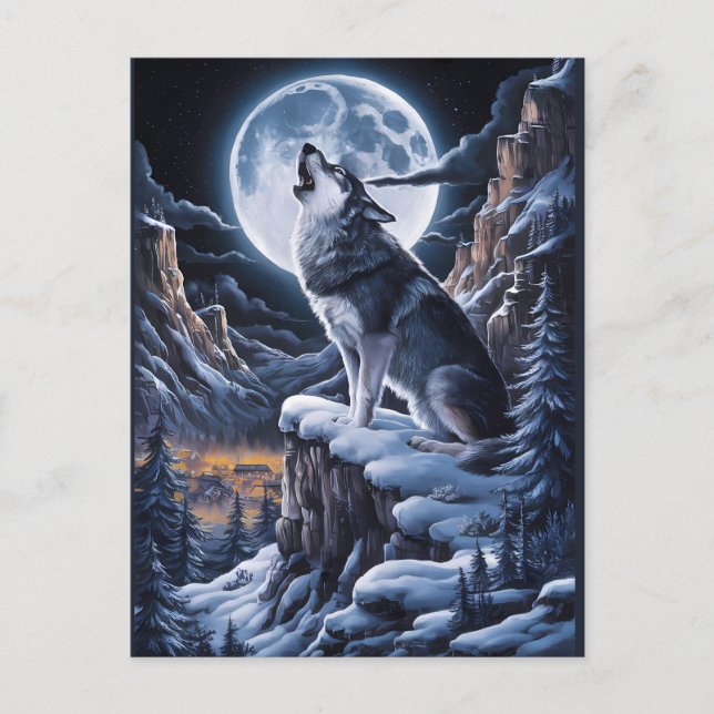 Carte Postale Majesté au clair de lune : Loup au sommet de la mo (Devant)