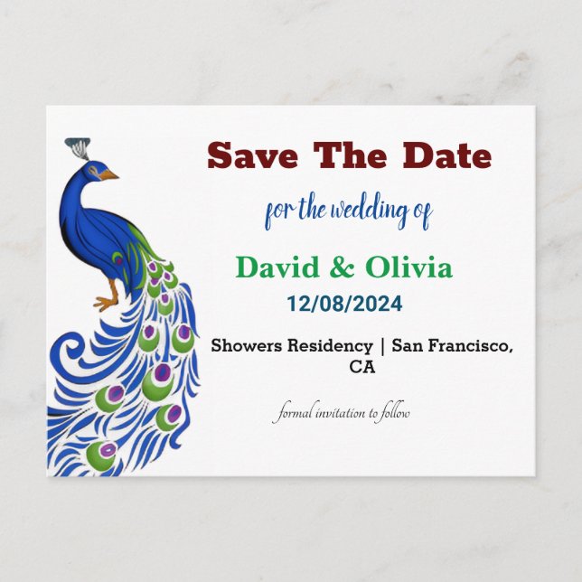 Carte Postale Majestic Peacock Wedding Save The Date Postcard (Devant)