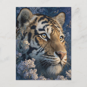Carte Postale Majestueux Tigre dans Jardin Floral de Nuit