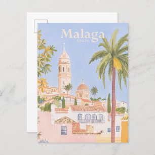 Carte Postale Malaga Espagne Gouache Peinture Illustration Voyag