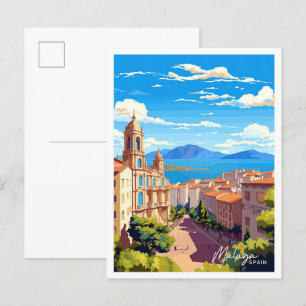 Carte Postale Malaga Espagne Voyage Vintage Illustration