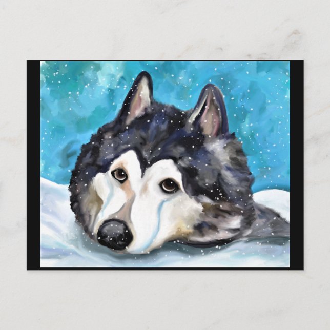 CARTE POSTALE MALAMUTE JOUE DANS LA NEIGE  (Devant)