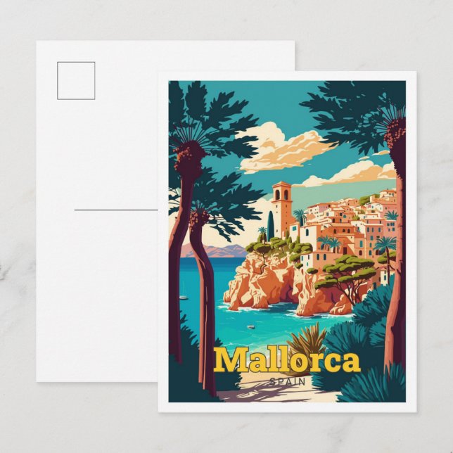 Carte Postale Mallorca Espagne Voyage Art Vintage Illustration (Devant / Derrière)