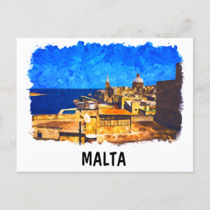 Carte Postale Malte Vintage voyage d'aquarelle Valletta