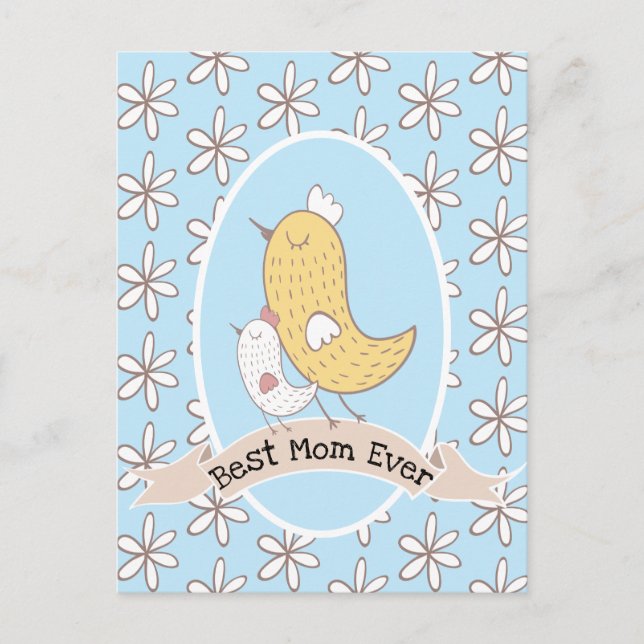 Carte Postale Maman Oiseau Et Bébé Avec Des Fleurs Blanches (Devant)