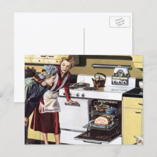 Carte Postale Maman vintage dans la cuisine cuisine un jambon de