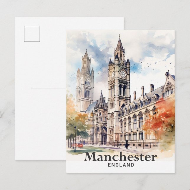 Carte Postale Manchester Angleterre aquarelle peinture Voyage (Devant / Derrière)