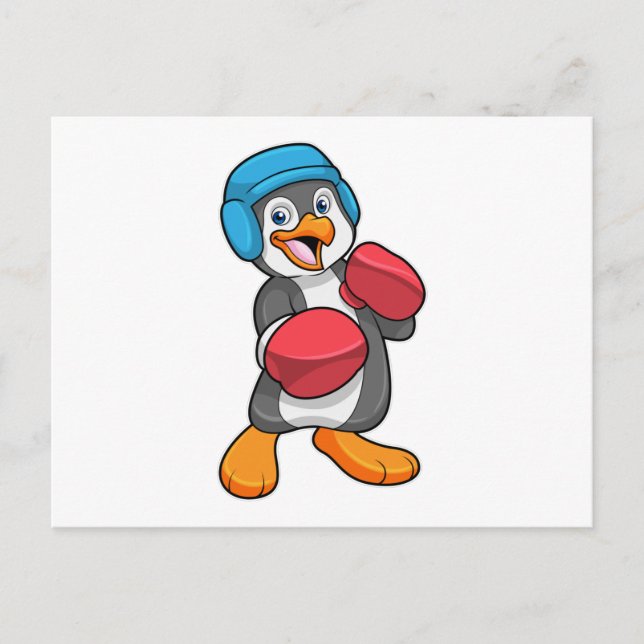 Carte Postale Manchot à la boxe avec gants et casque de boxe (Devant)