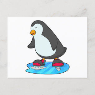 Carte Postale Manchot au patinage sur glace avec des patins à gl