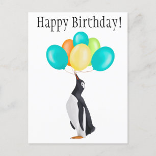 Carte Postale Manchot avec des ballons colorés - Joyeux Annivers