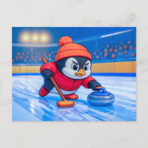 Carte Postale Manchot jouant au curling sur une patinoire hivern