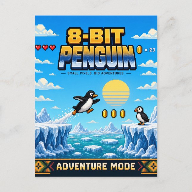Carte Postale Manchot, Pixel Art Rétro 8 Bits (Devant)