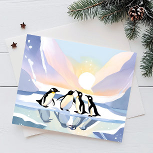 Carte Postale Manchots Hiver Aquarelle   Neige et Glace Mignons