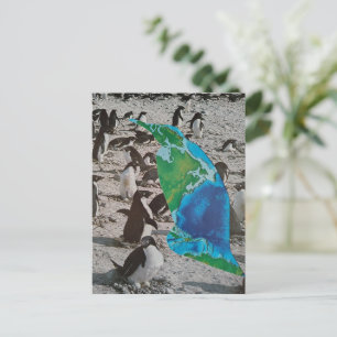 Carte Postale Manchots surréalistes et faune terrestre bleu-vert