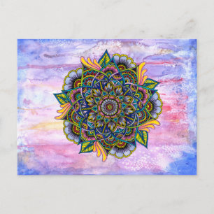 Carte Postale Mandala d'été coloré avec fond d'aquarelle