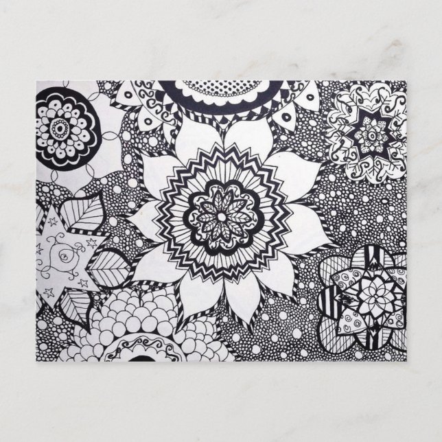 Carte postale Mandala Fleur Noir et Blanc (Devant)