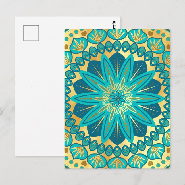 Carte Postale Mandala Fleur Or Bleu (Devant / Derrière)