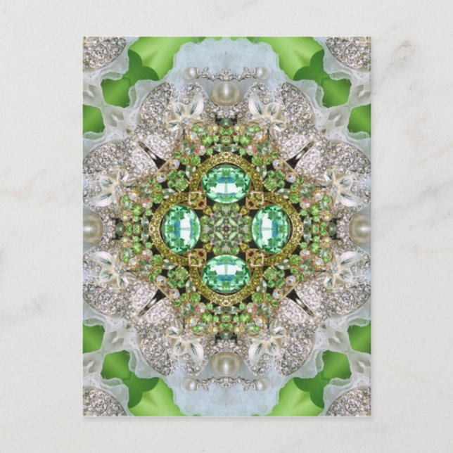 Carte Postale Mandala florale bling vert émeraude rhinestone (Devant)