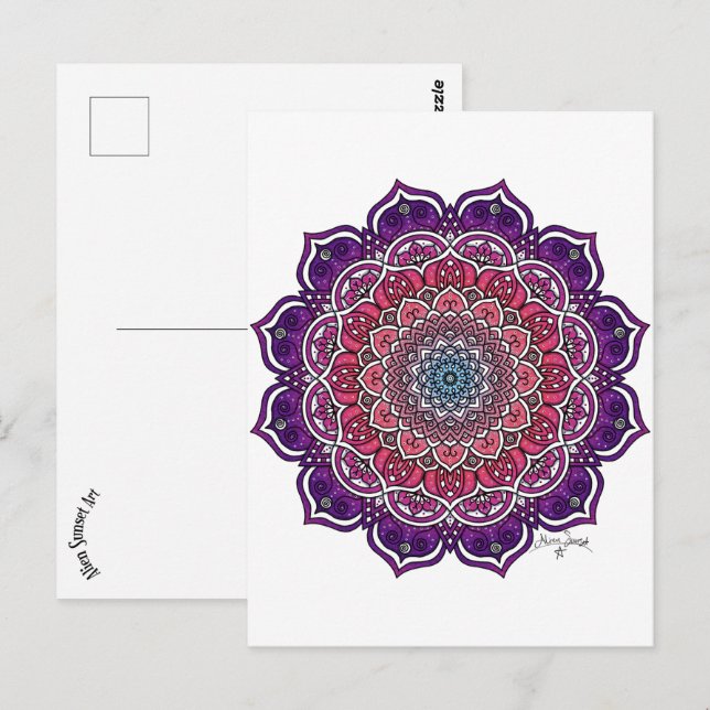 Carte Postale Mandala Florale rose-pourpre (Devant / Derrière)