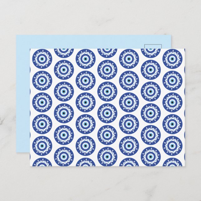 Carte Postale Mandala Grec Mal Eye Motif Bleu Blanc (Devant / Derrière)