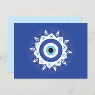 Carte Postale Mandala Grec Mal Oeil Bleu Blanc