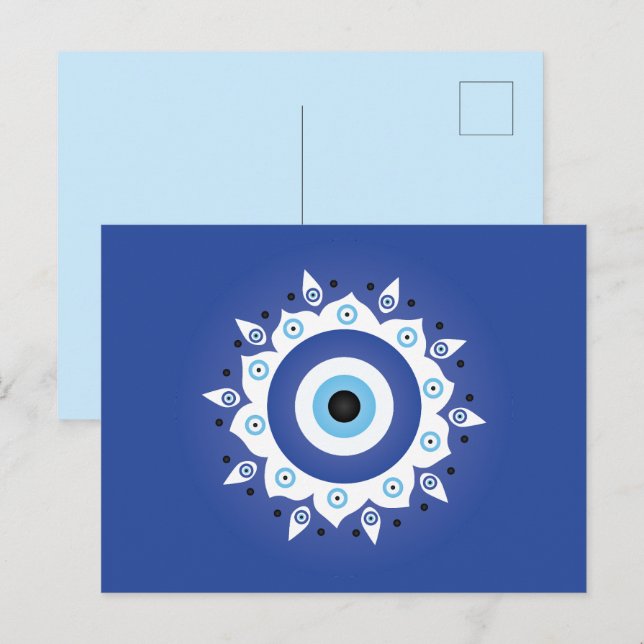 Carte Postale Mandala Grec Mal Oeil Bleu Blanc (Devant / Derrière)