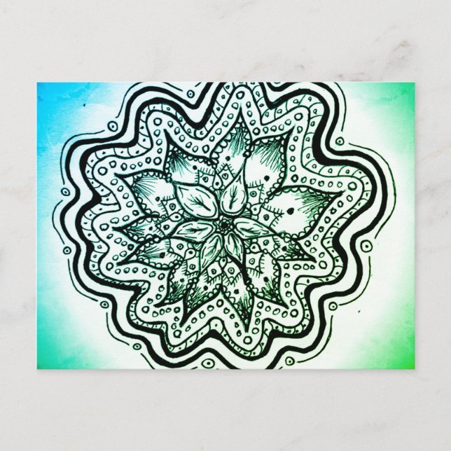 Carte postale Mandala indonésienne verte et bleue (Devant)