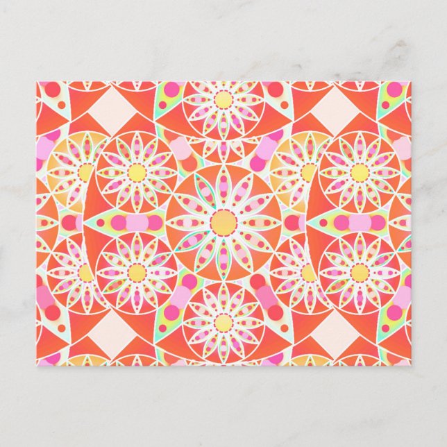 Carte Postale Mandala motif, corail rouge, rose, or (Devant)