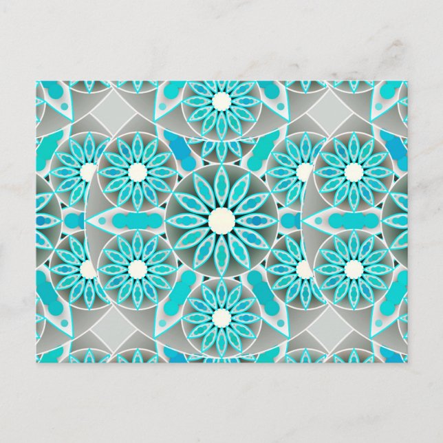 Carte Postale Mandala motif, turquoise, gris argenté et blanc (Devant)