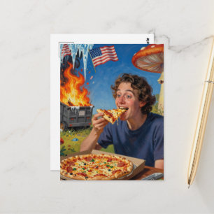 Carte Postale Manger de la pizza et ignorer l'incendie de poubel