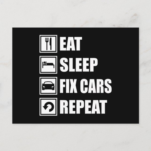 Carte Postale MANGER SOMMEIL FIX VOITURES RÉPÉTER Funny Voiture  (Devant)