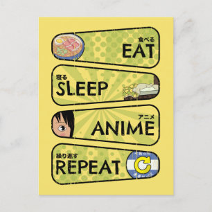 Carte Postale Mangez Sleep Anime Repeat - Anime Icons & Kanji Ja